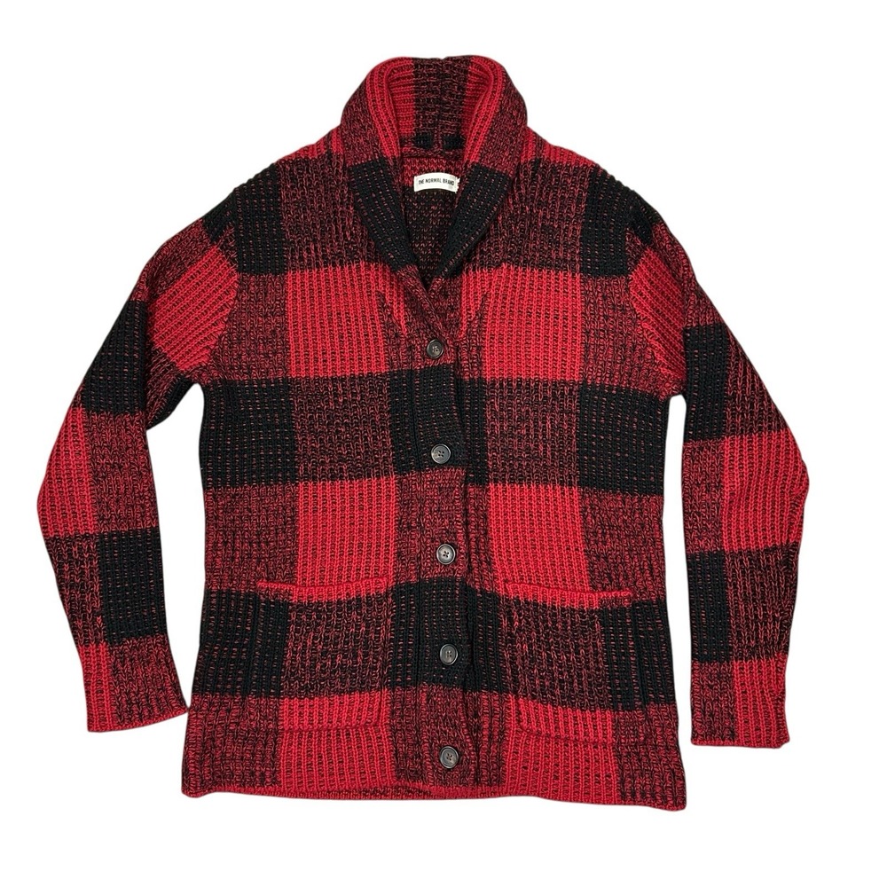 The Normal Brand Cardigan Sweater Womens Medium Buffalo Plaid Red Black Chunky‎